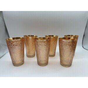 Vintage Jeannette Glass Carnival Marigold Tree Bark 10oz Drinking Glasses (6)